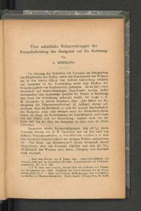 Über schädliche Nebenwirkungen der Formalinbeizung des Saatgutes auf die Keimung.