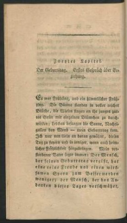 Zweytes Kapitel. Der Geburtstag. Erstes Gespräch über Erziehung
