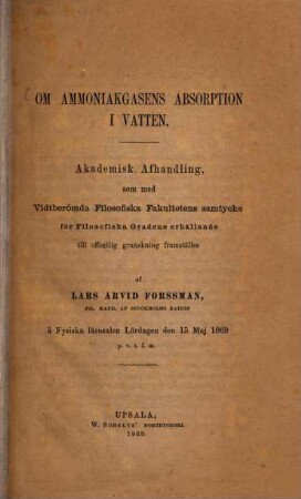 Om ammoniakgasens absorption i vatten : Akademisk Afhandling