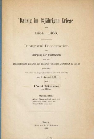 Danzig im 13jährigen Kriege von 1454 - 1466