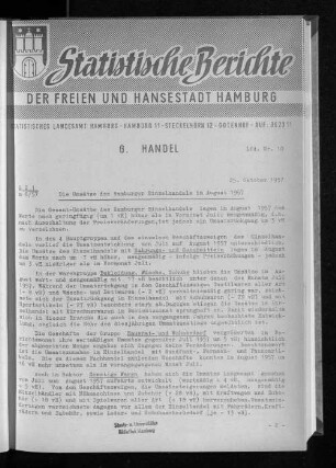Die Umsätze des Hamburger Einzelhandels im August 1957 : Lfd. Nr. 10