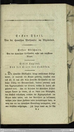 Erster Abschnitt. Von der chemischen Wirksamkeit vester und tropfbarer Körper