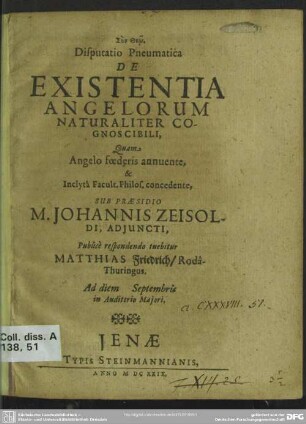 Disputatio pneumatica de existentia angelorum naturaliter cognoscibili