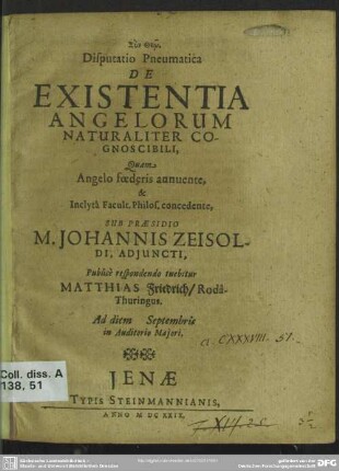 Disputatio pneumatica de existentia angelorum naturaliter cognoscibili