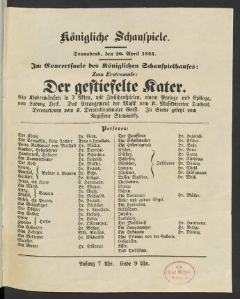 Der gestiefelte Kater [Theaterzettel]