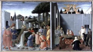 Thronende Madonna und Heilige — Predellentafel — Heiliger Nikolaus von Bari befreit drei Verurteilte & Tod des heiligen Nikolaus von Bari