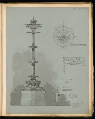 Kandelaber Monatskonkurrenz Februar 1884: Grundriss, Ansicht; Maßstabsleiste