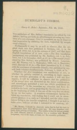 Humboldt´s Cosmos: Henry G. Bohn´s Rejoinder, Feb. 28,1849, S. (1)-(7)