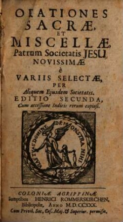 Orationes Sacrae, Et Miscellae, Patrum Societatis Jesu Novissimae