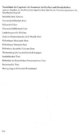 Verzeichnis der Lagerorte der benutzten Archivalien und Handschriften