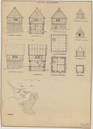 Menkhausen (Kreis Meschede): Hof Dorls. - Lageplan. - Speicher (Grundrisse, Nordostansicht, Nordwestansicht, Südwestansicht, Schnitte). - Bleichhütte (Grundriss, Norostansicht, Südwestansicht, Querschnitt)