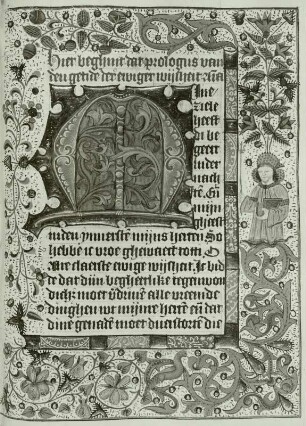 Illumination eines Stundenbuches: Schriftspiegel mit ornamentaler Umrahmung und Initiale M