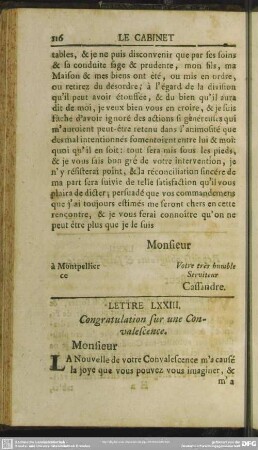 Lettre LXXIII. Congratulation sur une Convalescence