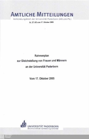 Rahmenplan zur Gleichstellung von Frauen und Männern an der Universität Paderborn : vom 17. Oktober 2005