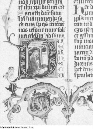 Illuminierte Seite des Missale Romanum, Initiale D mit Binnenzeichnung (Geburt Christi) und Rankenwerk, 11 rd