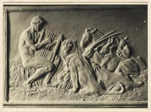 Orpheus im Kreis wilder Tiere, die seiner Musik lauschen : Orpheus im Kreis wilder Tiere, die seiner Musik lauschen. Bronzerelief (1910; M. Molitor)