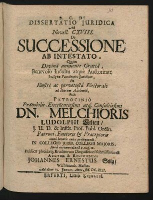 Dissertatio Iuridica Ad Novell. CXVIII. De Successione Ab Intestato