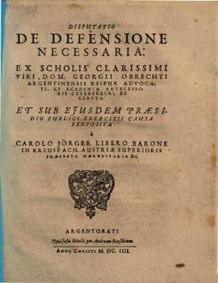 Disputatio De Defensione Necessaria
