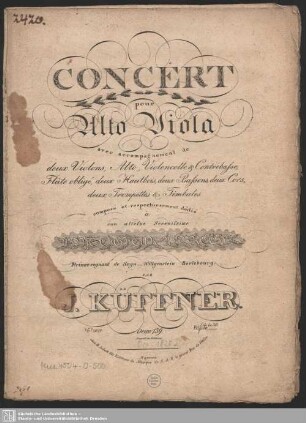 Concert pour Alto Viola avec accompagnement de deux Violons, Alto, Violoncelle & Contrebasse, Flûte obligé, deux Hautbois, deux Bassons, deux Cors, deux Trompettes & Timbales : Oeuv. 139