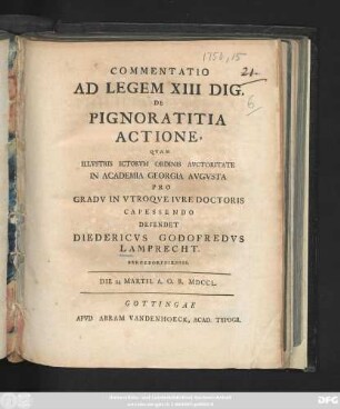 Commentatio Ad Legem XIII Dig. De Pignoratitia Actione