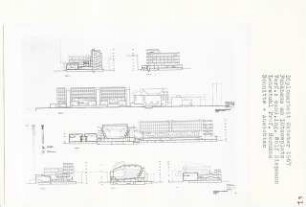 Funkhaus am Lützowplatz, Berlin-Tiergarten (Diplomarbeit bei Bernhard Hermkes): Ansicht von Westen und Schnitte 1:200