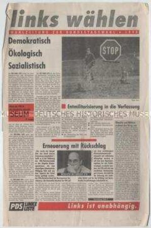 Sonderdruck der PDS/Linke Liste zur Bundestagswahl am 2. Dezember 1990 u.a. mit einem Interview mit Gregor Gysi über das Parteivermögen der PDS