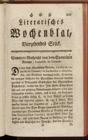 Literarisches Wochenblat, Vierzehendes Stück.