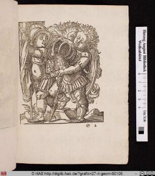 Zwei Putti tragen Rüstung, Waffen und einen Banner.