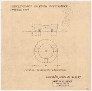 Unzugeordnete Werkzeichnungen: Werkzeichnung zu einer Vogeltränke aus gelblichem Muschelkalk: Grundriss, Schnitt 1:10