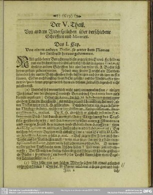 Der V. Theil. Von andern Widersprüchen über verschiedene Schrifften und Materien