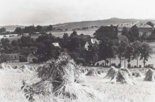 Theisewitz (Kreischa-Theisewitz). Ortsteilansicht mit Landgut Theisewitz. Blick über ein Feld mit Getreidepuppen nach Süden zum Gut Zscheckwitz und zum Wilisch (476 m)