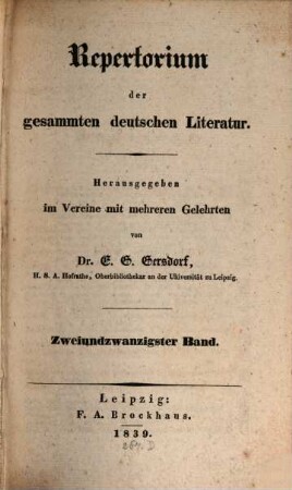 Repertorium der gesammten deutschen Literatur, 22. 1839