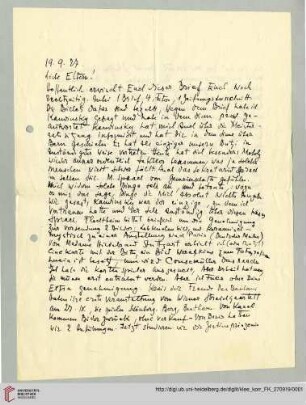 Familienkorrespondenz Klee: Brief von Felix Klee an Lily Klee und Paul Klee