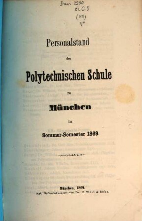 Personalstand der Königlich-Bayerischen Polytechnischen Schule zu München. 1869. SS