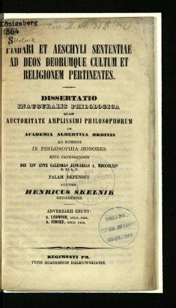 Pindari et Aeschyli sententiae ad deos deorumque cultum et religionem pertinentes