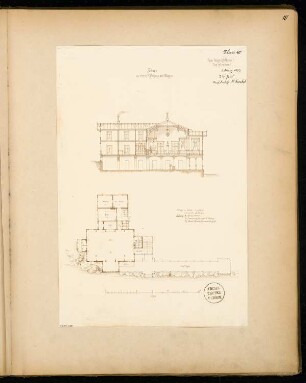 Kaffeehaus am Wasser Monatskonkurrenz März 1873: Grundriss Erdgeschoss 1:200, Querschnitt 1:150; Maßstabsleiste