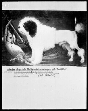 Pinscher mit Gewehr und Jagdbeute