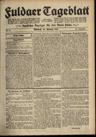Erste Ausgabe vom Mittwoch, den 16. Februar 1921.