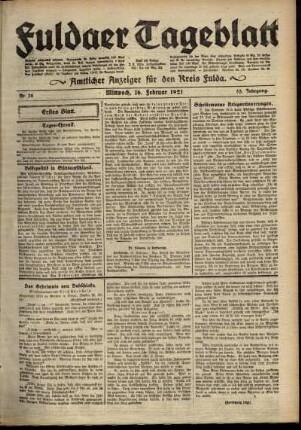 Erste Ausgabe vom Mittwoch, den 16. Februar 1921.