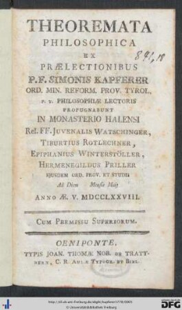 Theoremata Philosophica Ex Praelectionibus