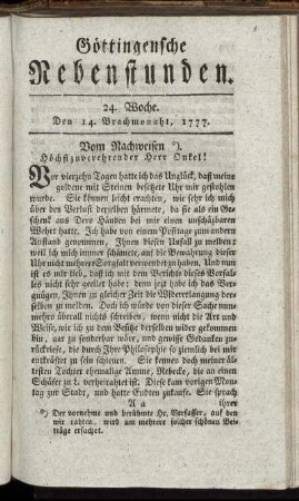 24. Woche. Den 14. Brachmonat, 1777