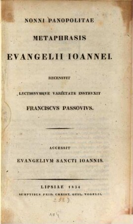 Nonni Panopolitae Metaphrasis evangelii Ioannei