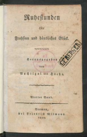 4. Band: Ruhestunden für Frohsinn und häusliches Glück