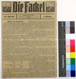 Satirezeitschrift "Die Fackel" mit Beiträgen zu Maschine und Landarbeiter, zur Geschichte der Hohenzollern, zur Gründung des Land- und Waldarbeiterverbandes und Kommentar zu einer Garderobenorder der Kronprinzessin Cecilie von Preußen in Paris