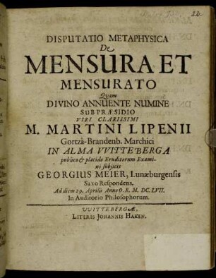 Disputatio Metaphysica De Mensura Et Mensurato