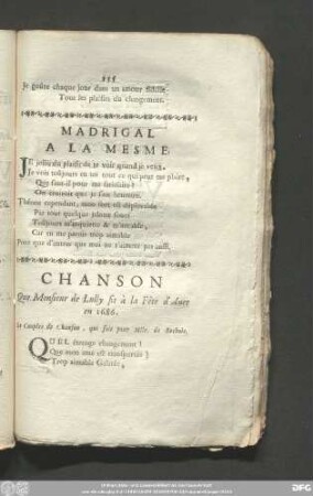 Chanson Que Monsieur de Lully fit à la Fête d'Anet en 1686.