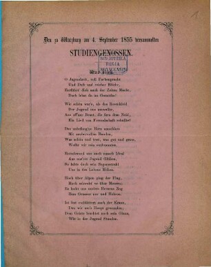Den zu Würzburg am vierten 4. September 1855 versammelten Studiengenossen