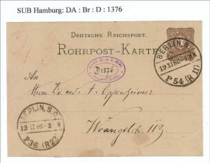 Postkarte an Franz Oppenheimer