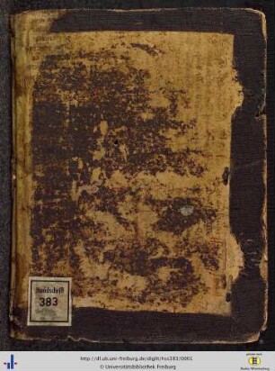 Deckel (mit Fragmenten einer lat. Pergament-Hs. des 14. Jhs und einer lat. Papier-Hs. des 15. Jhs sowie mit schwarzem Leinenbezug).