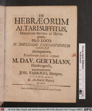 De Hebræorum Altari Suffitus, Disputatio Septima Et Ultim.